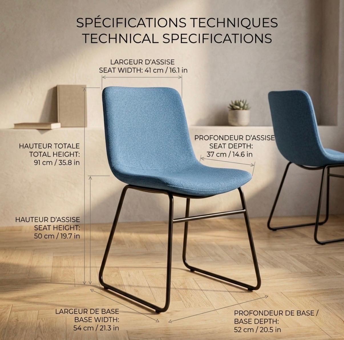 Set of 2 Blue Dining Chairs | 19.7" Height | Dining Room Seat | Minimalist Style