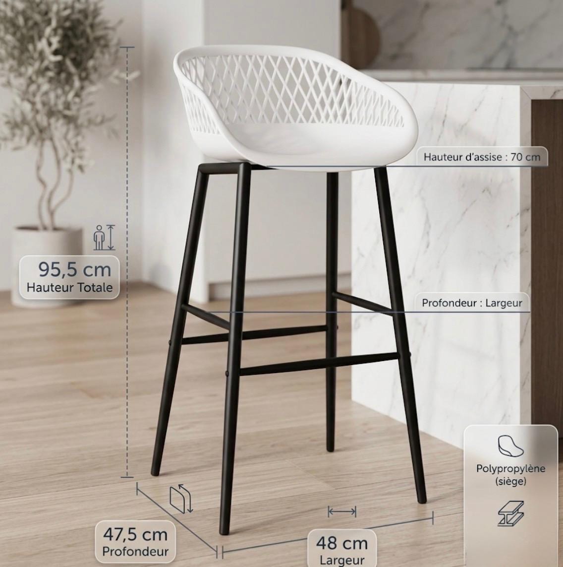 Set of 2 Black Bar Stools | 37.6" Height | Kitchen Island Counter Seat | Modern Style