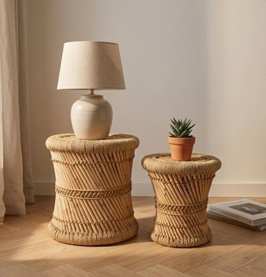 Set of 2 Natural Woven Side Tables | 15" Height | Living Room Accent Table | Boho Style