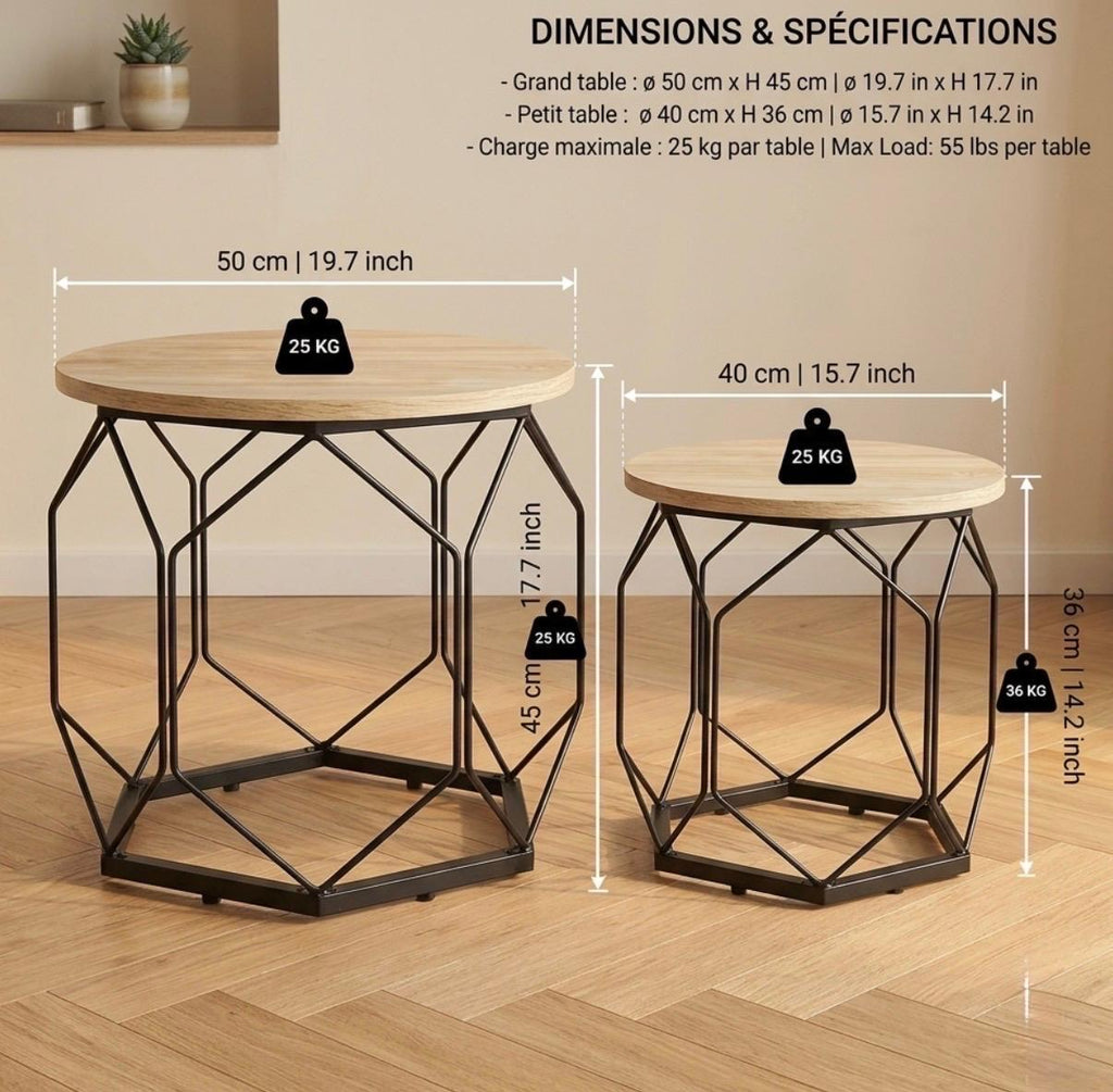 Set of 2 Walnut Nesting Side Tables | 17.7" Height | Living Room Accent Table | Industrial Style
