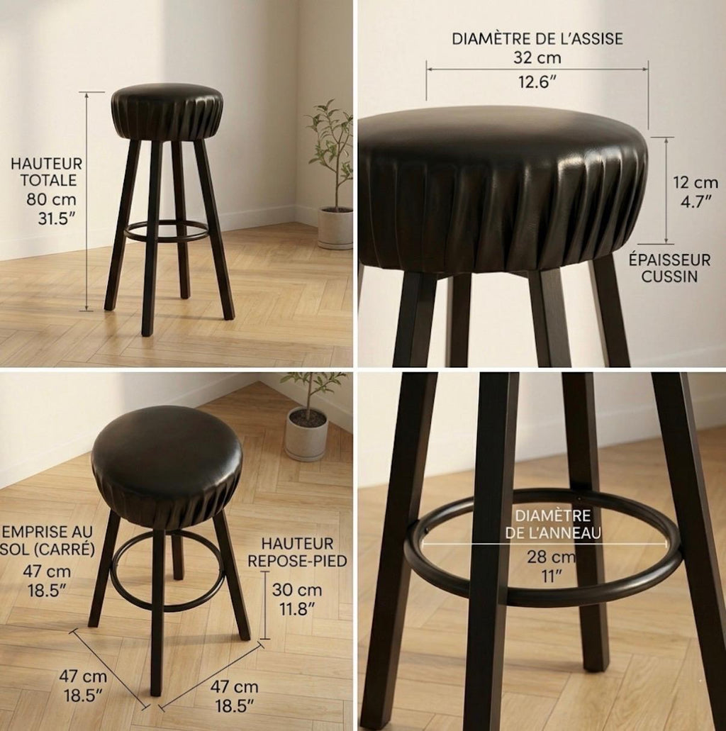 Set of 2 Black Bar Stools | 31.5" Height | Kitchen Island Counter Seat | Modern Style