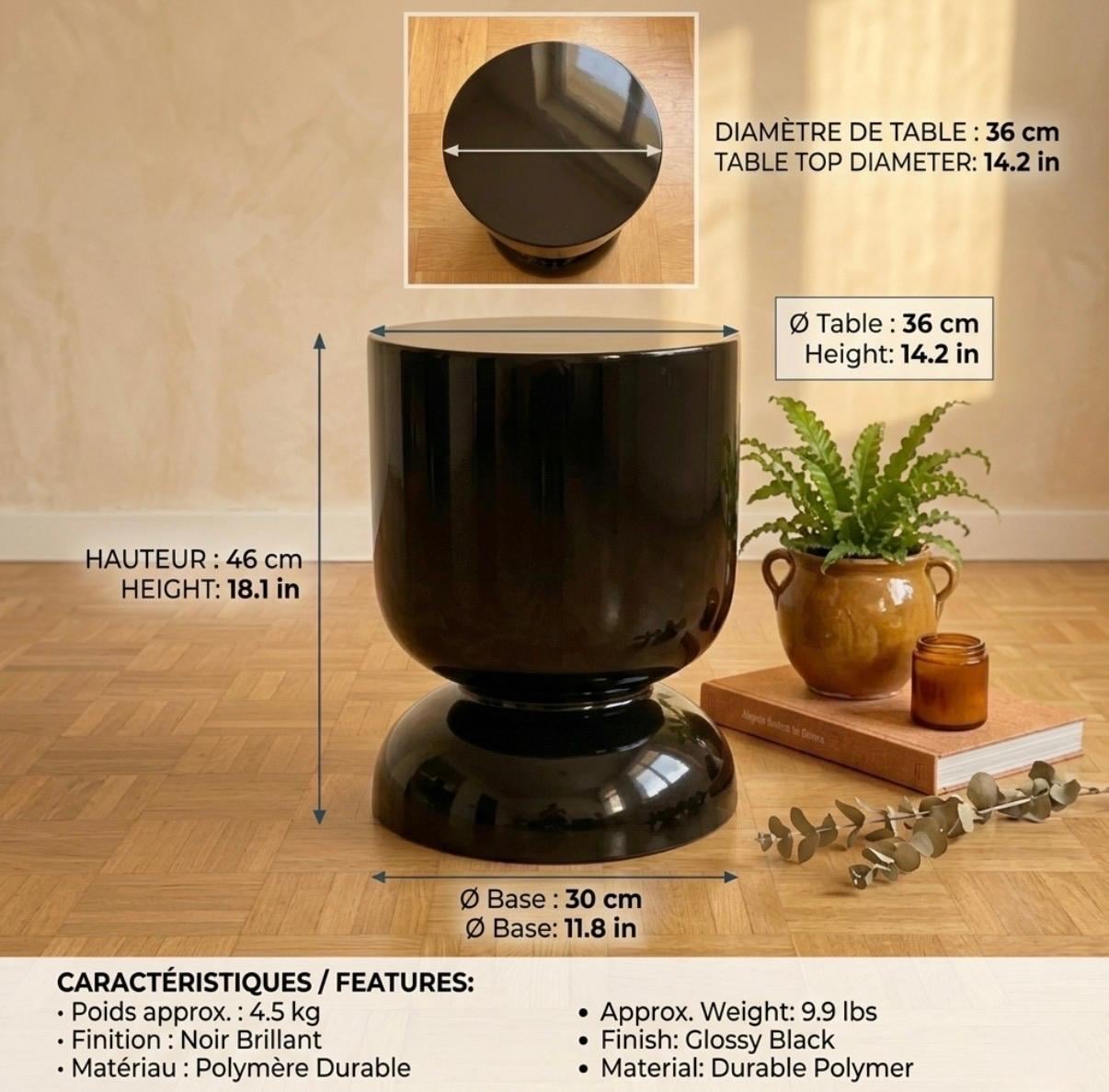 Glossy Black Side Table | 18" Height | Living Room Accent Table | Minimalist Style