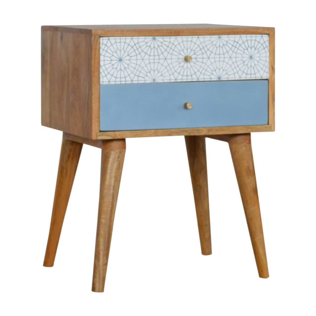 Table de chevet bleu à motifs