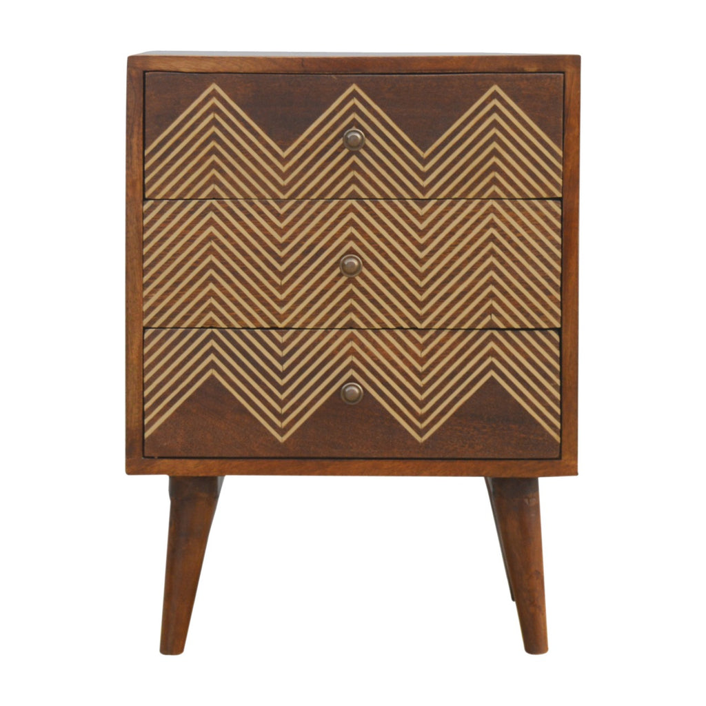 Table de Chevet 3 Tiroirs Laiton Motif Chevron