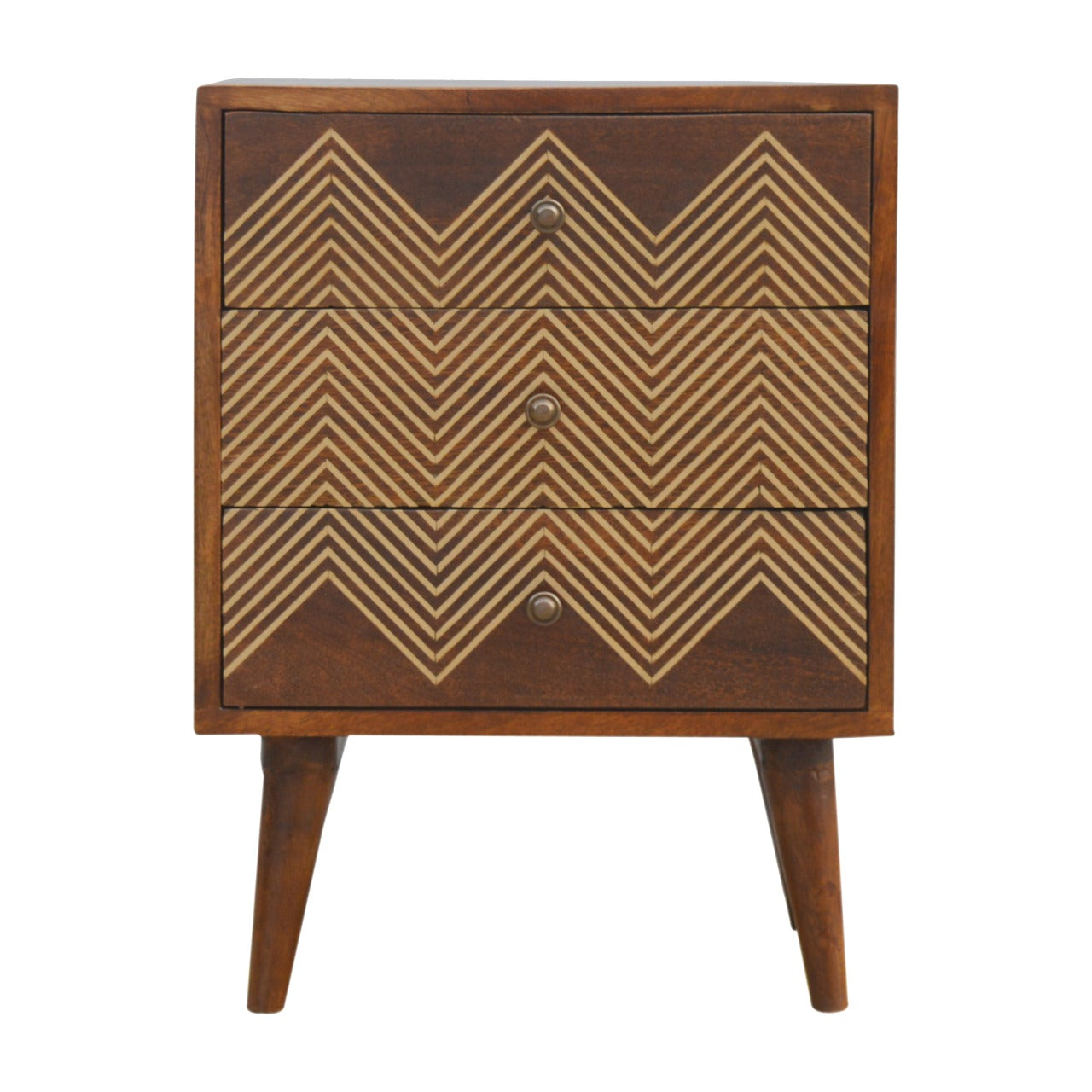Table de Chevet 3 Tiroirs Laiton Motif Chevron