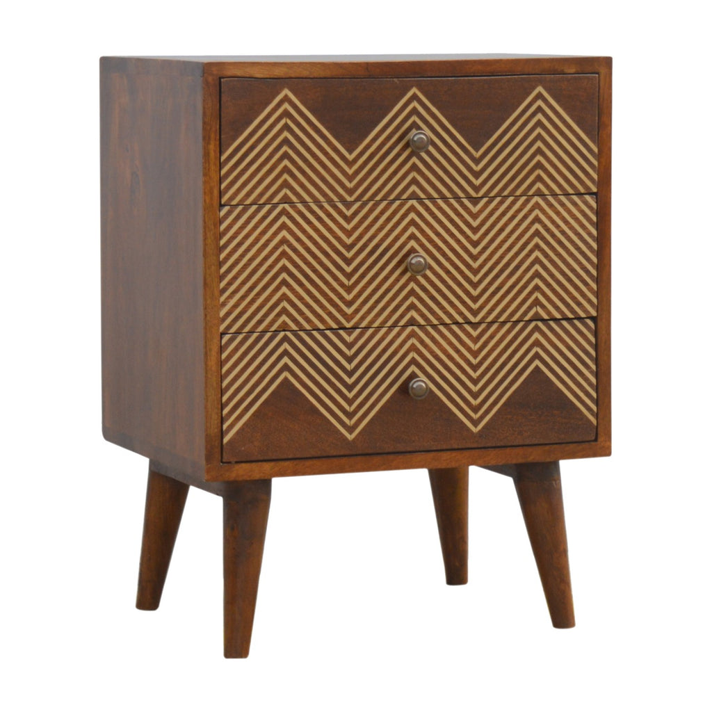 Table de Chevet 3 Tiroirs Laiton Motif Chevron