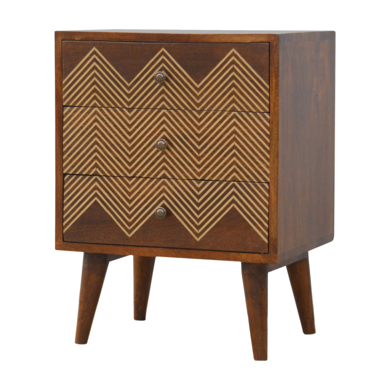 Table de Chevet 3 Tiroirs Laiton Motif Chevron