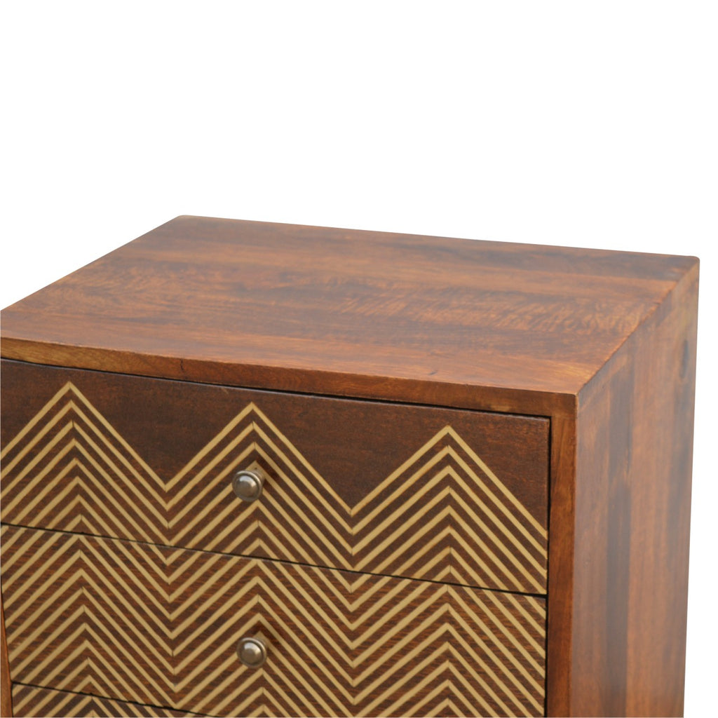 Table de Chevet 3 Tiroirs Laiton Motif Chevron