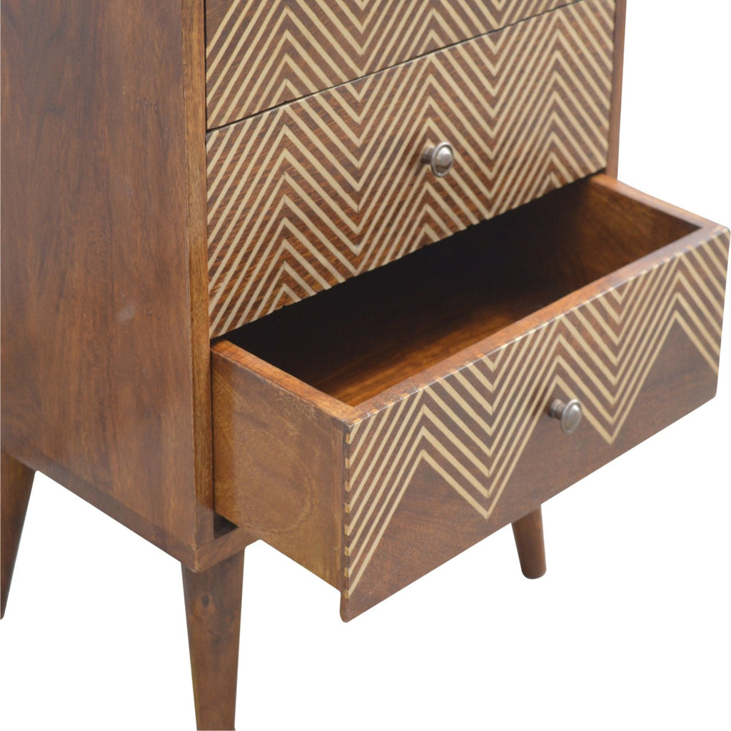 Table de Chevet 3 Tiroirs Laiton Motif Chevron