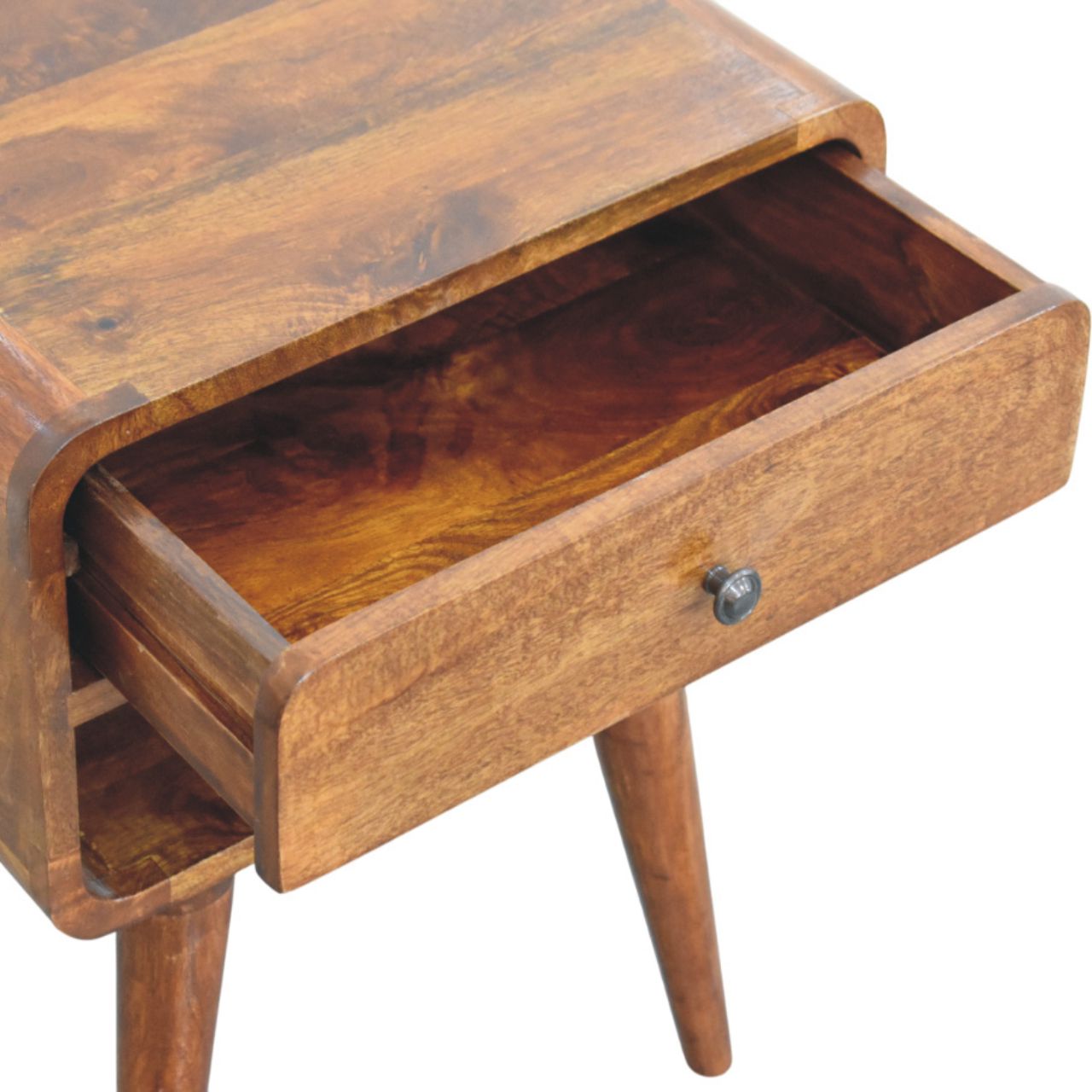 Table de chevet Avora châtaigne tiroir & ouvert niche