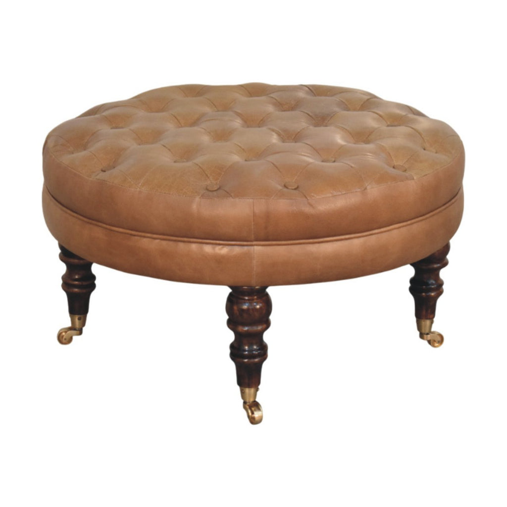 Pouf marron buffle cuir rond Castor Legs