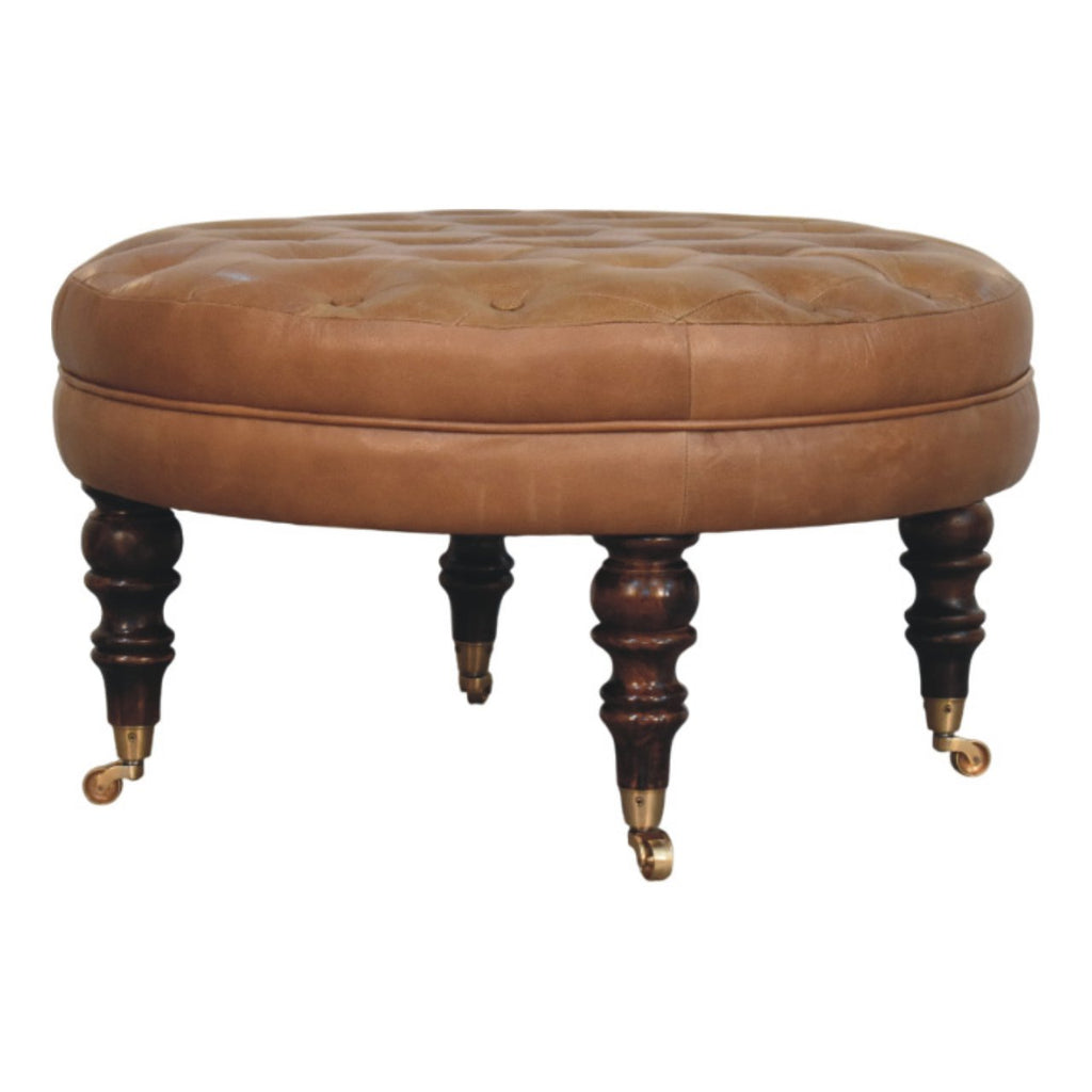 Pouf marron buffle cuir rond Castor Legs