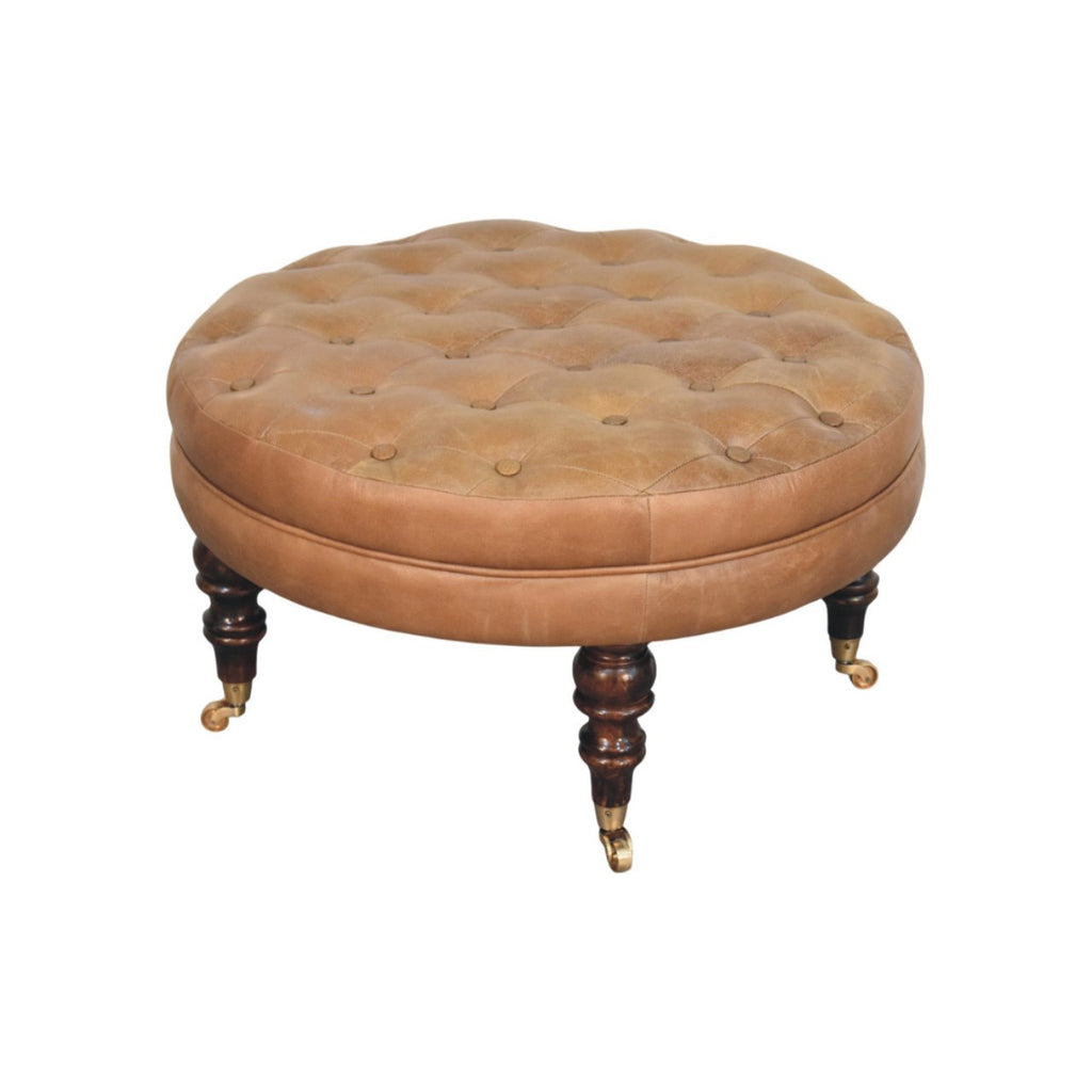 Pouf marron buffle cuir rond Castor Legs