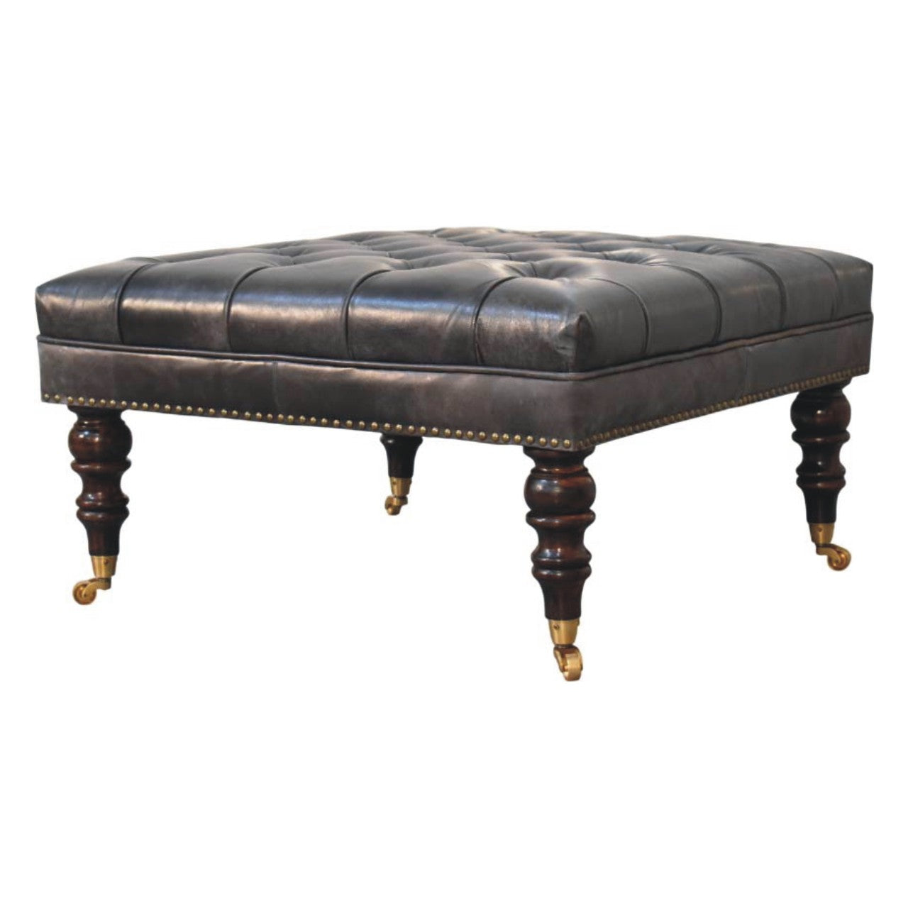 Pouf noir cuir tapissé
