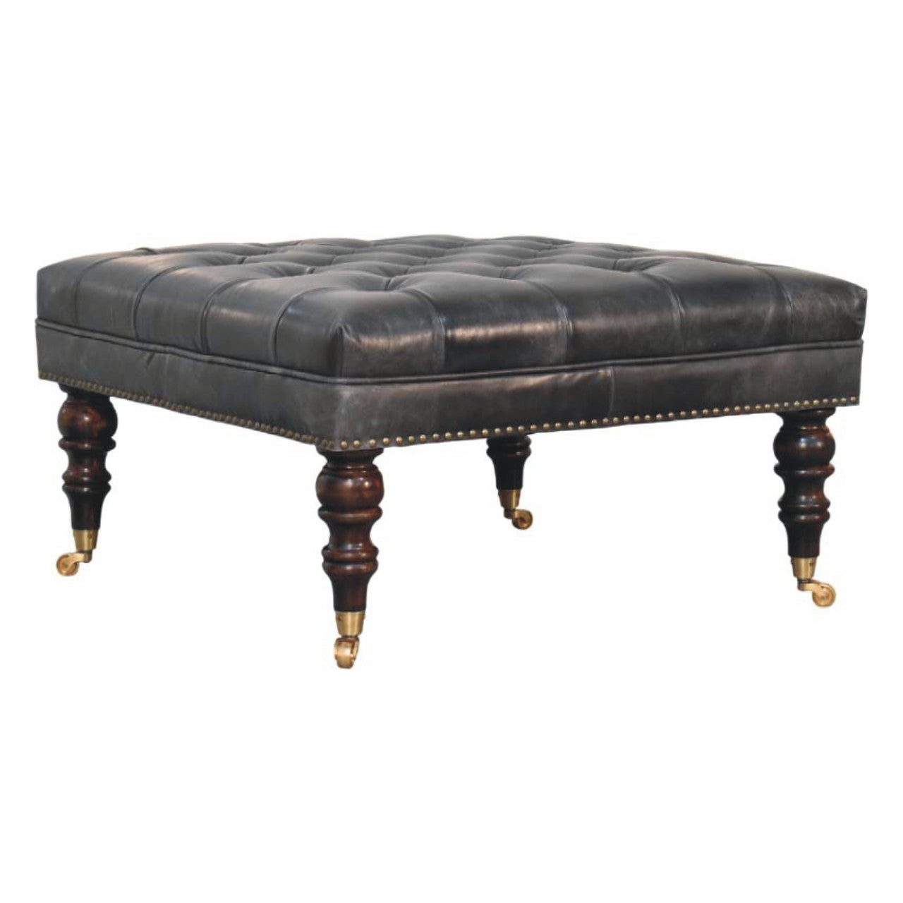 Pouf noir cuir tapissé