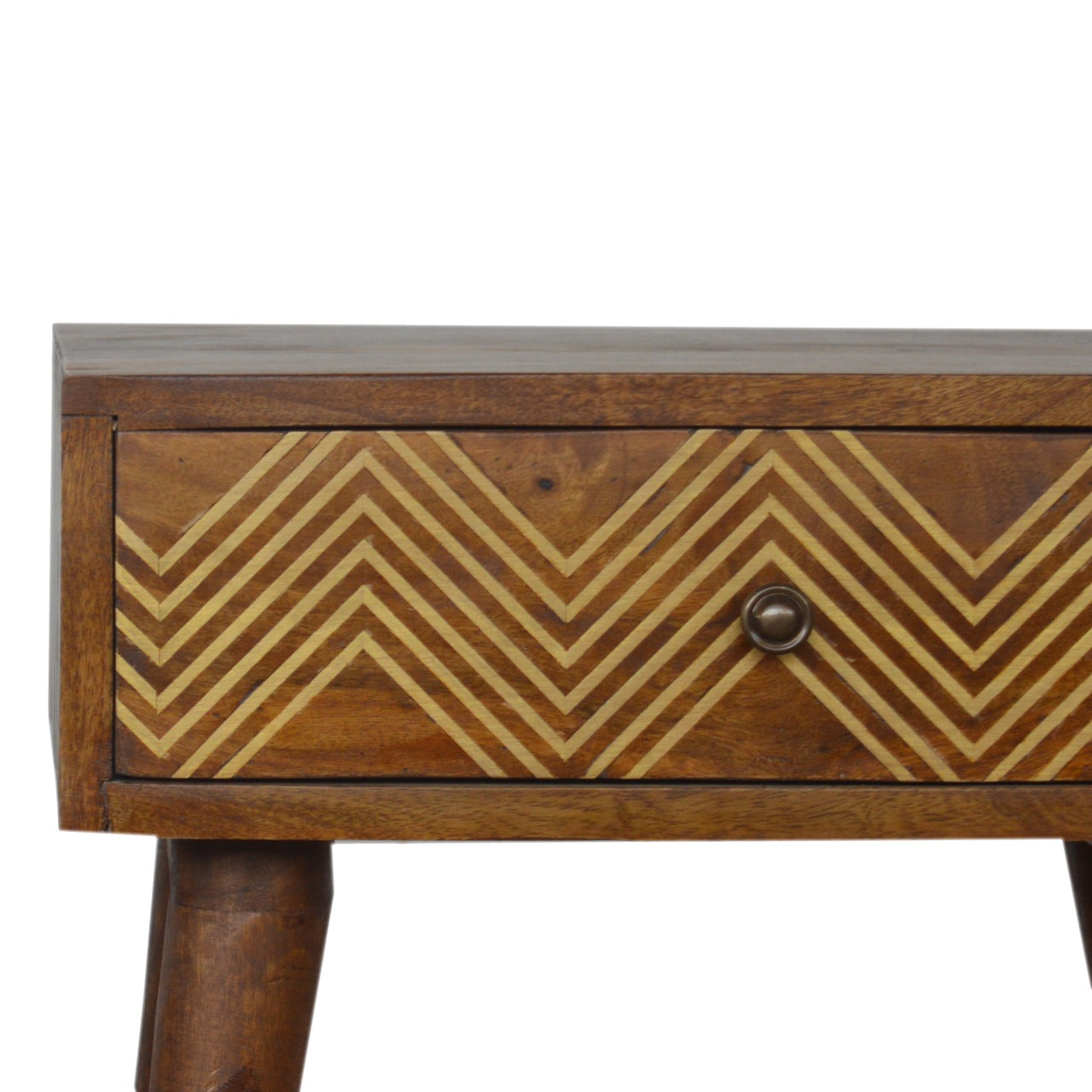 Table de chevet laiton marqueté chevron