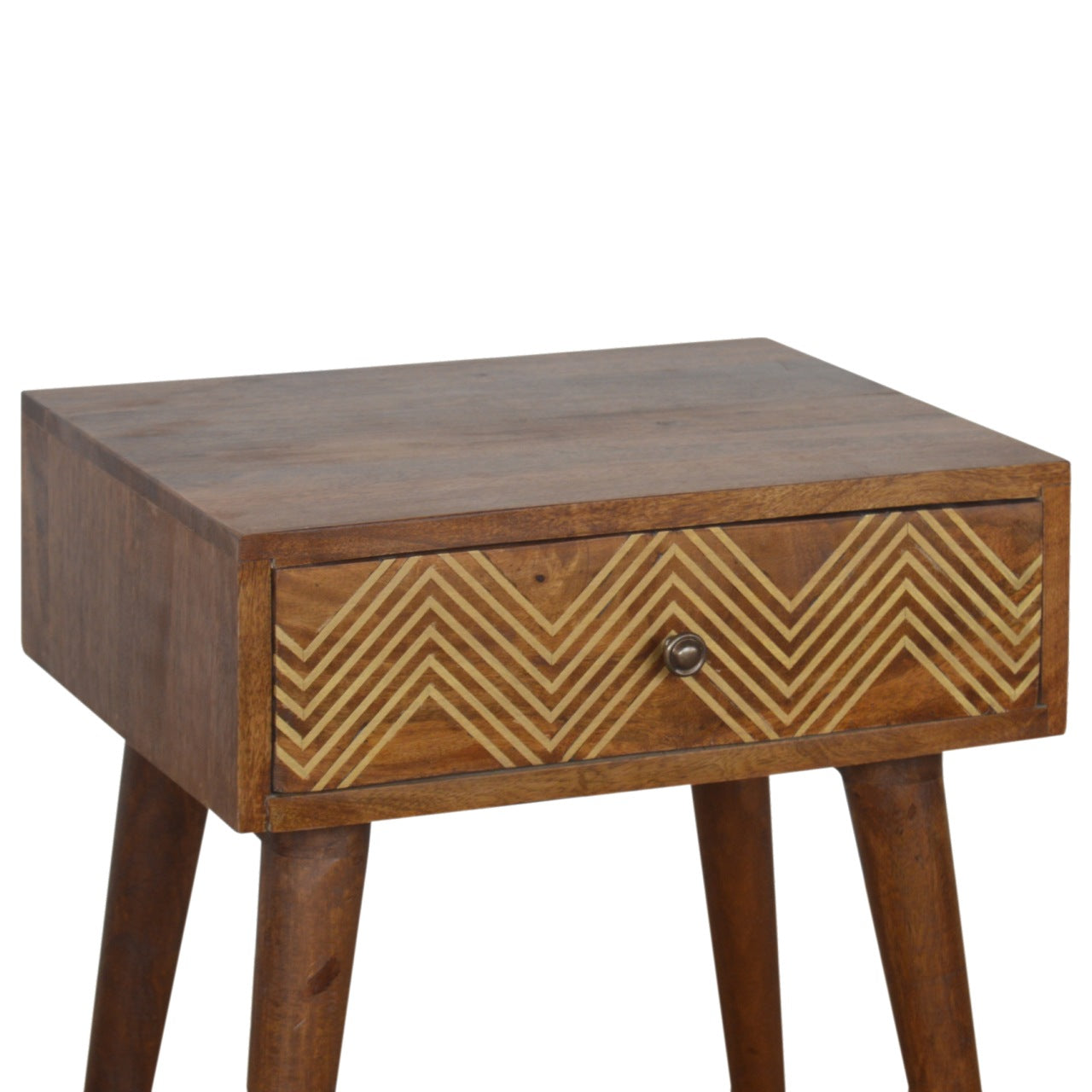 Table de chevet laiton marqueté chevron