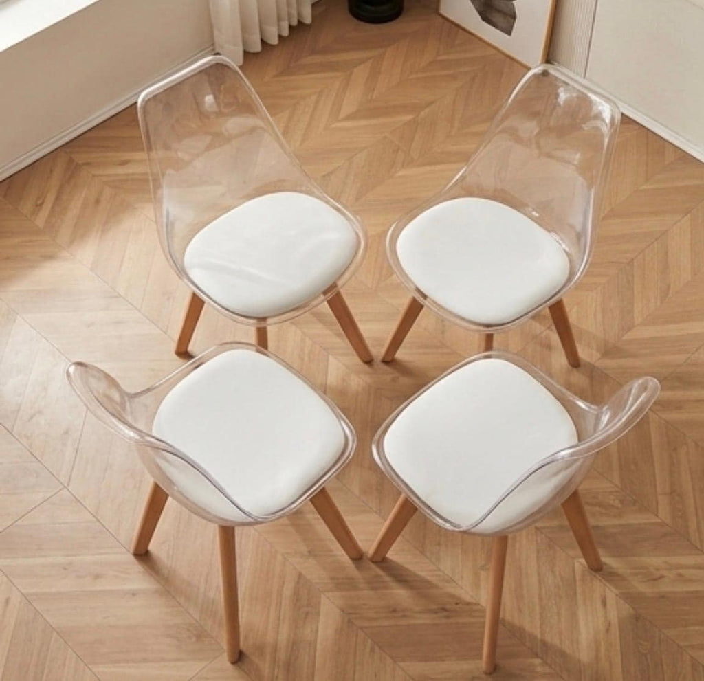 Set of 4 Transparent Dining Chairs with White Cushions | 32.7" Height | Dining Room Seat | Scandinavian Style