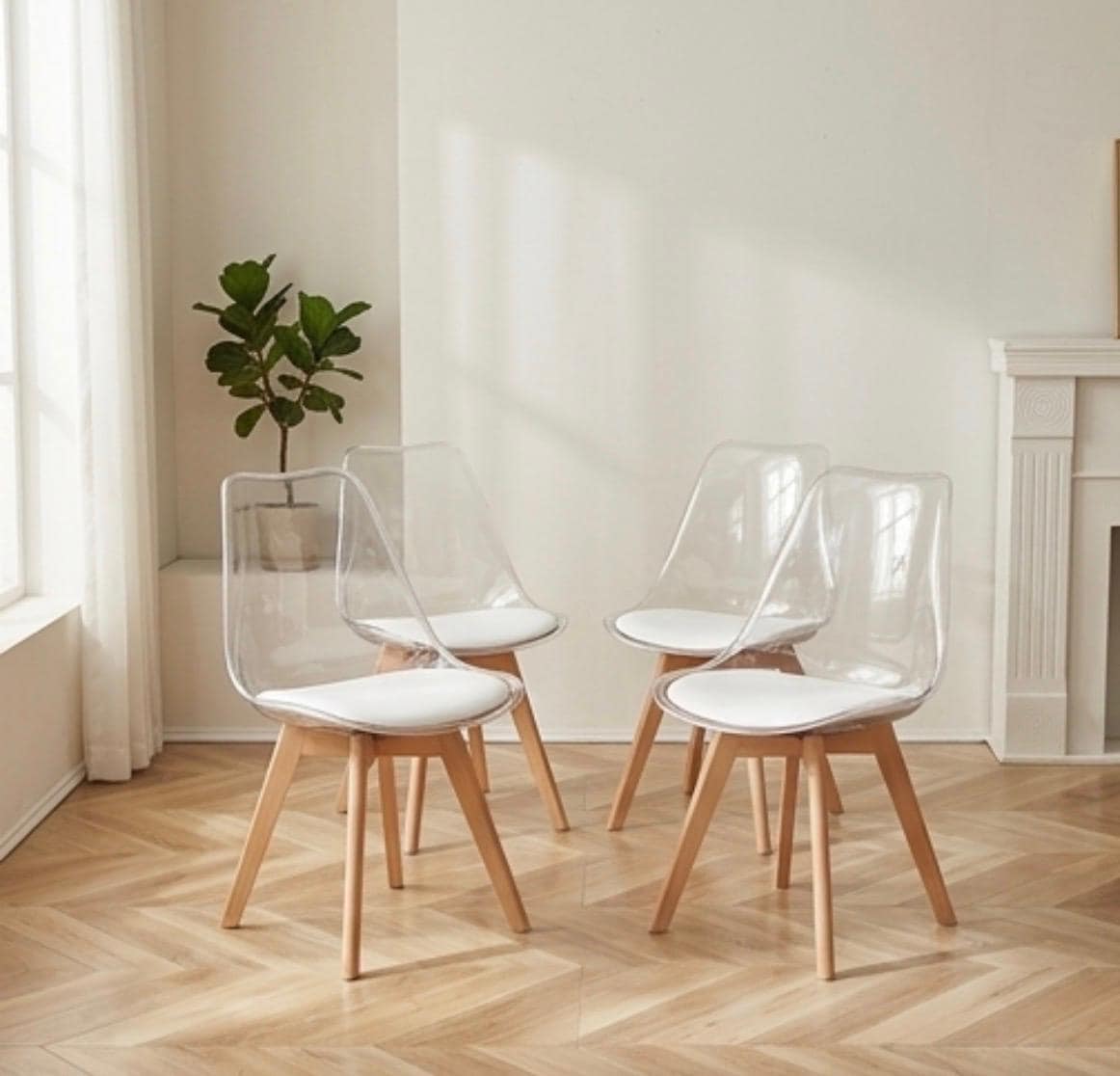 Set of 4 Transparent Dining Chairs with White Cushions | 32.7" Height | Dining Room Seat | Scandinavian Style