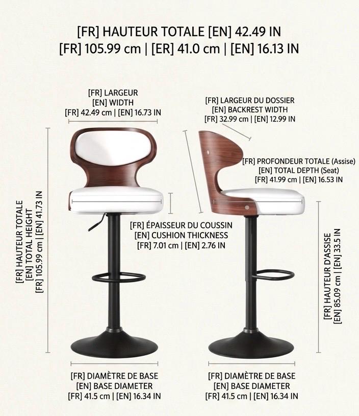 Set of 2 Black Bar Stools | 41.7" Height | Kitchen Island Counter Seat | Modern Style