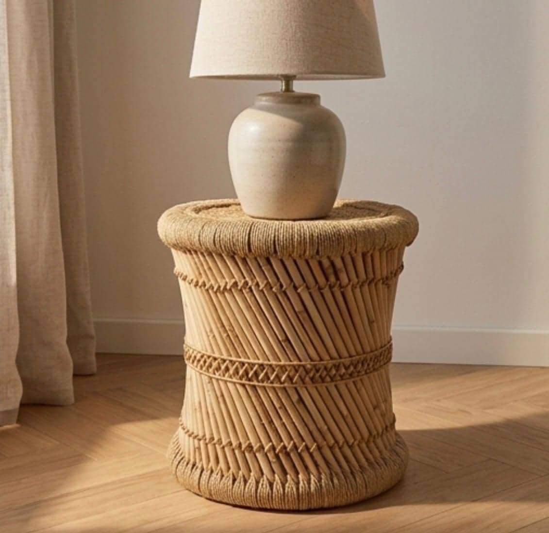 Set of 2 Natural Woven Side Tables | 15" Height | Living Room Accent Table | Boho Style