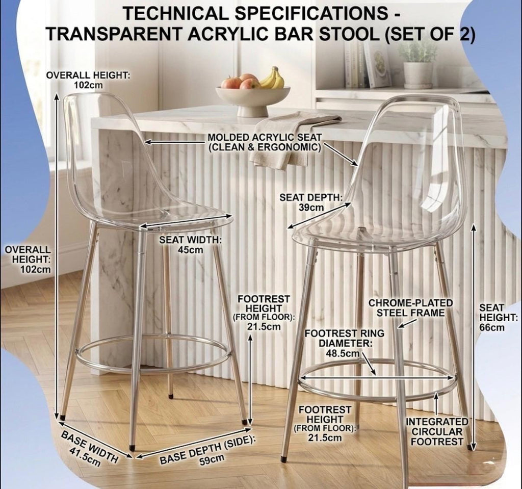 Set of 2 Clear Bar Stools | 26" Height | Kitchen Island Counter Seat | Modern Style