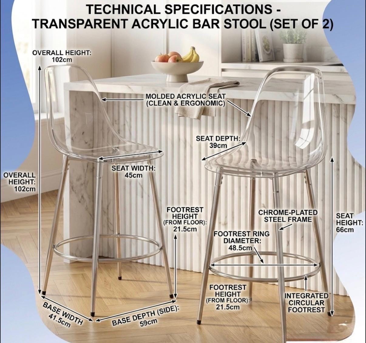 Set of 2 Clear Bar Stools | 26" Height | Kitchen Island Counter Seat | Modern Style