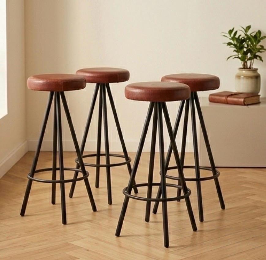 Set of 4 Brown Bar Stools | 29.9" Height | Kitchen Island Counter Seat | Industrial Style
