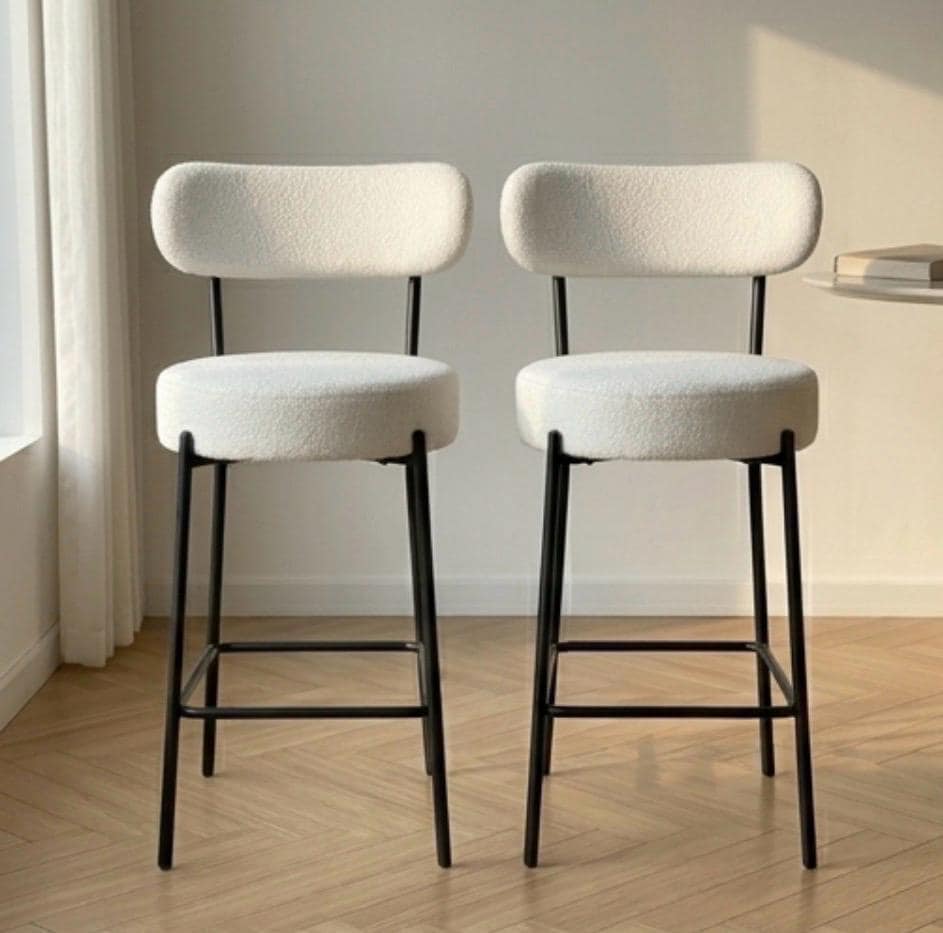 Set of 2 White Sherpa Counter Stools | 25.6" Height | Kitchen Island Counter Seat | Modern Style