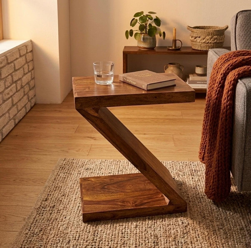 Walnut Sculptural Side Table | 23.2" Height | Living Room Accent Table | Minimalist Style