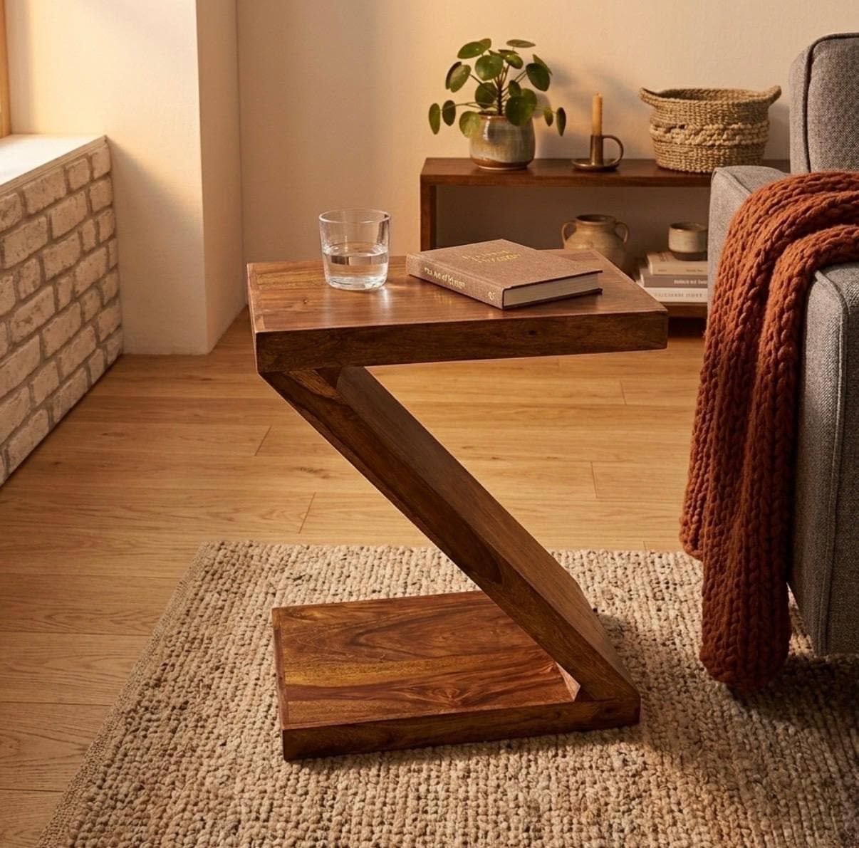 Walnut Sculptural Side Table | 23.2" Height | Living Room Accent Table | Minimalist Style