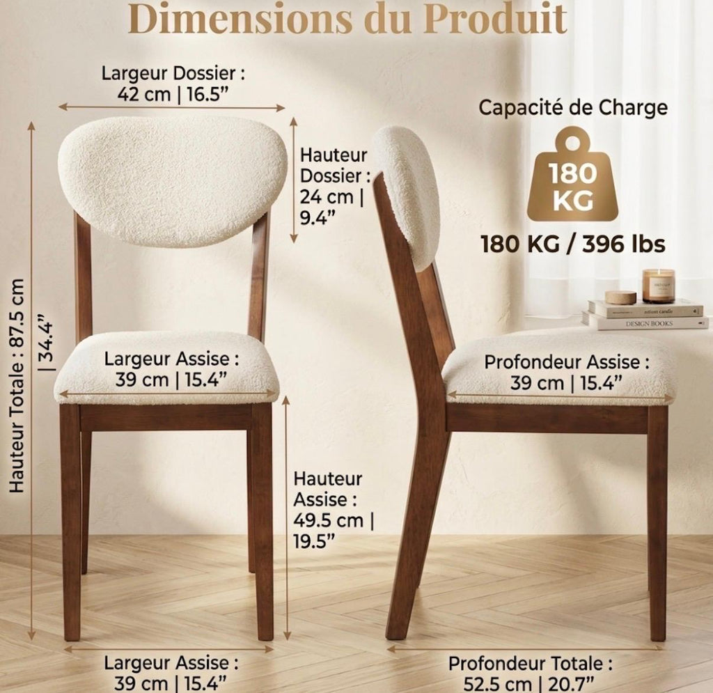 Set of 2 Cream and Walnut Dining Chairs | 34.4" Height | Dining Room Seat | Scandinavian Style
