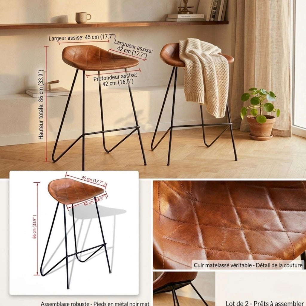 Set of 2 Brown Bar Stools | 34" Height | Counter Height Seating | Industrial Style