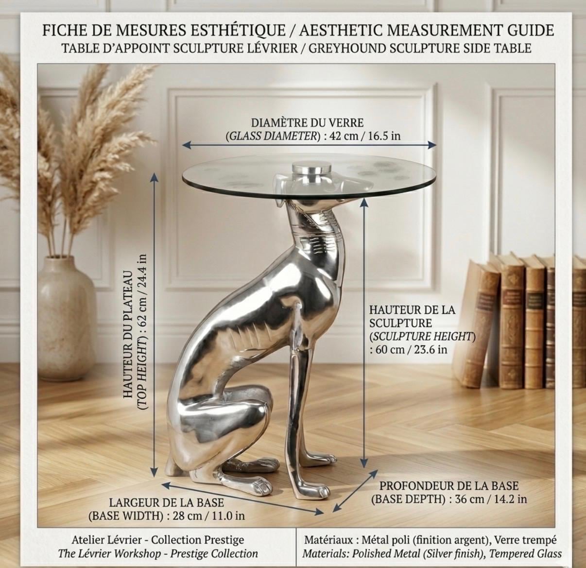 Silver Greyhound Side Table | 24.4" Height | Living Room Accent Table | Contemporary Style