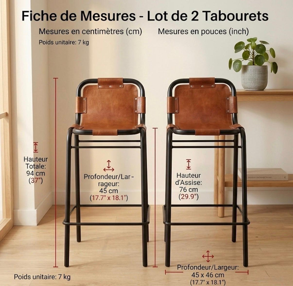 Set of 2 Brown Bar Stools | 29.9" Height | Kitchen Island Counter Seat | Industrial Style