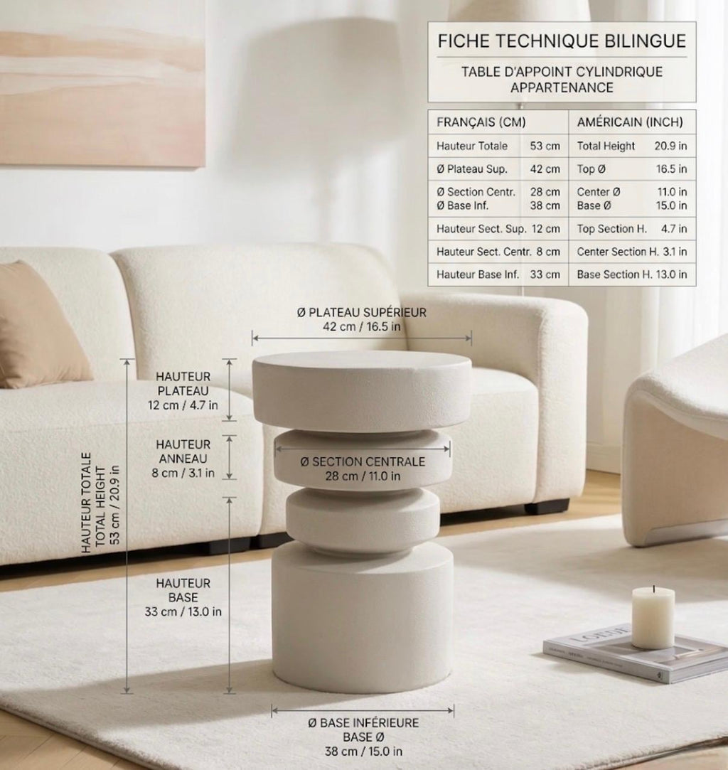 Off White Sculptural Side Table | 21" Height | Living Room Accent Table | Minimalist Style