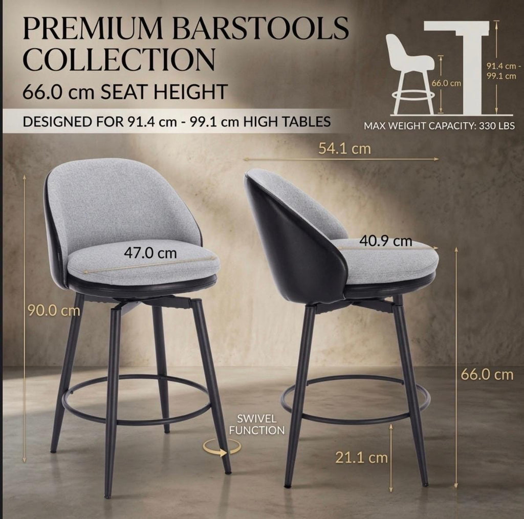 Set of 2 Black Bar Stools | 26" Height | Kitchen Island Counter Seat | Modern Style