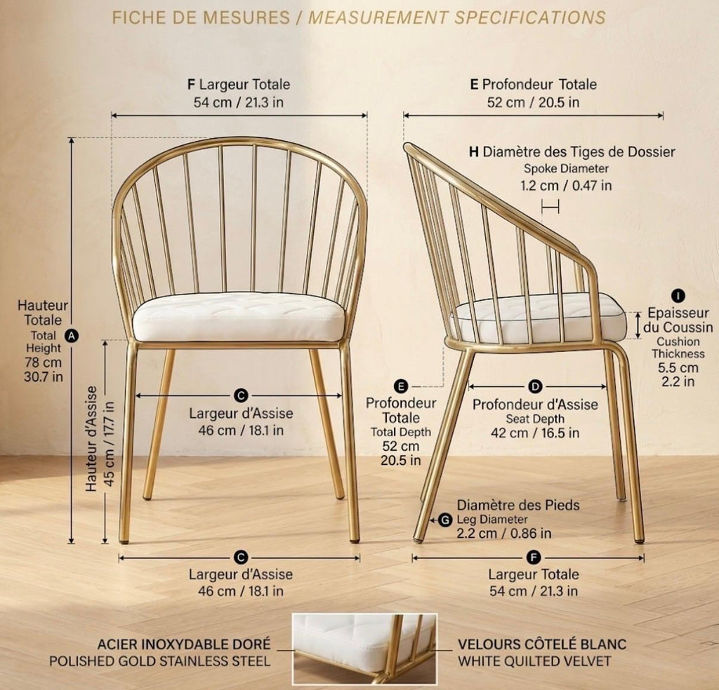 Set of 2 Gold Dining Chairs | 30.7" Height | Dining Room Seat | Minimalist Style