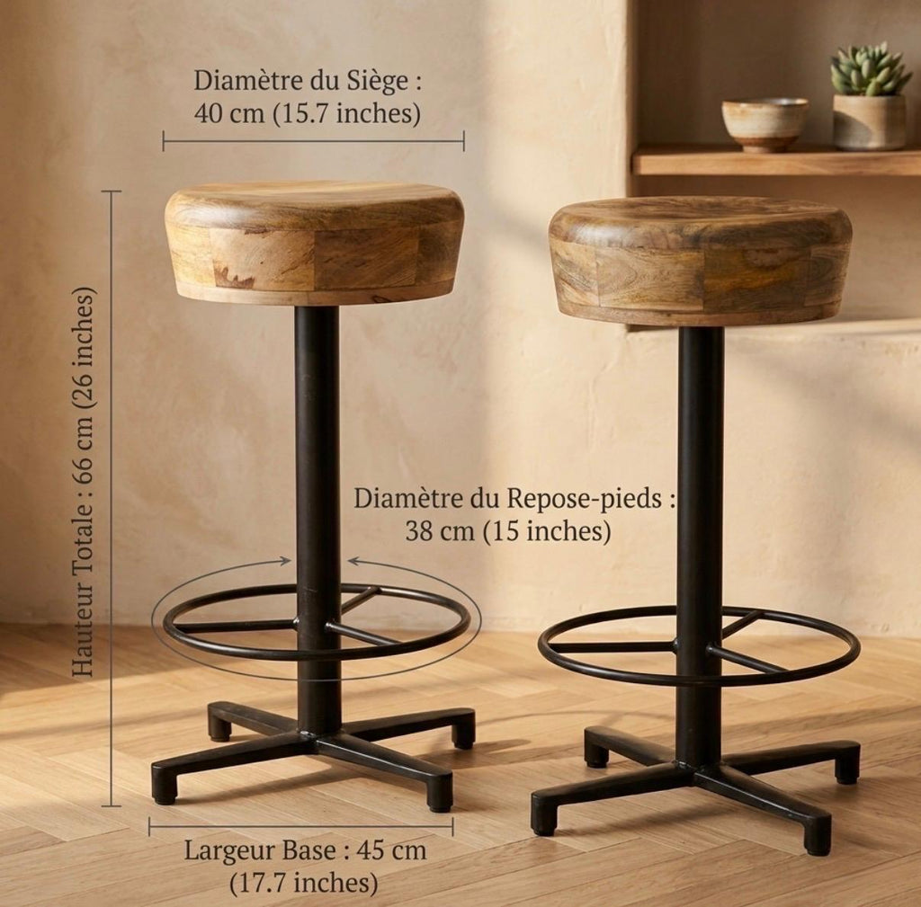 Set of 2 Black Bar Stools | 26" Height | Kitchen Island Counter Seat | Industrial Style