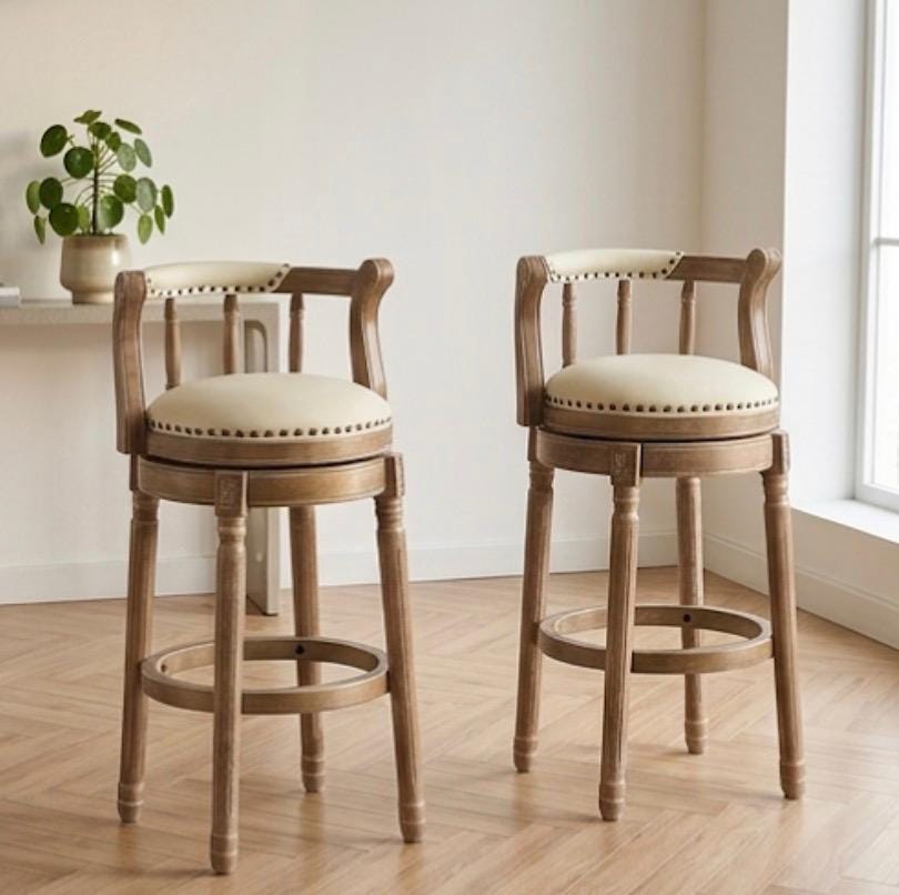 Set of 2 Cream Bar Stools | 29.5" Height | Kitchen Island Counter Seat | French Vintage Style