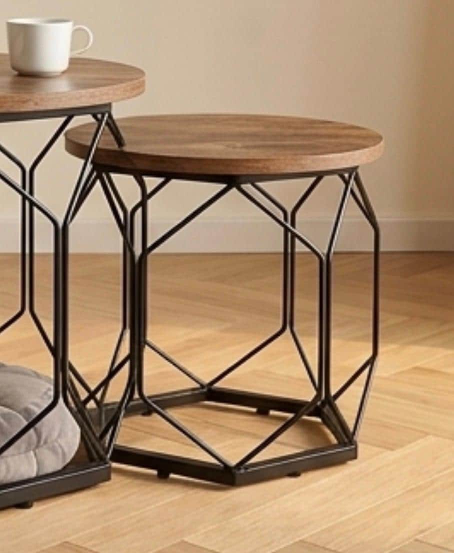 Set of 2 Walnut Nesting Side Tables | 17.7" Height | Living Room Accent Table | Industrial Style
