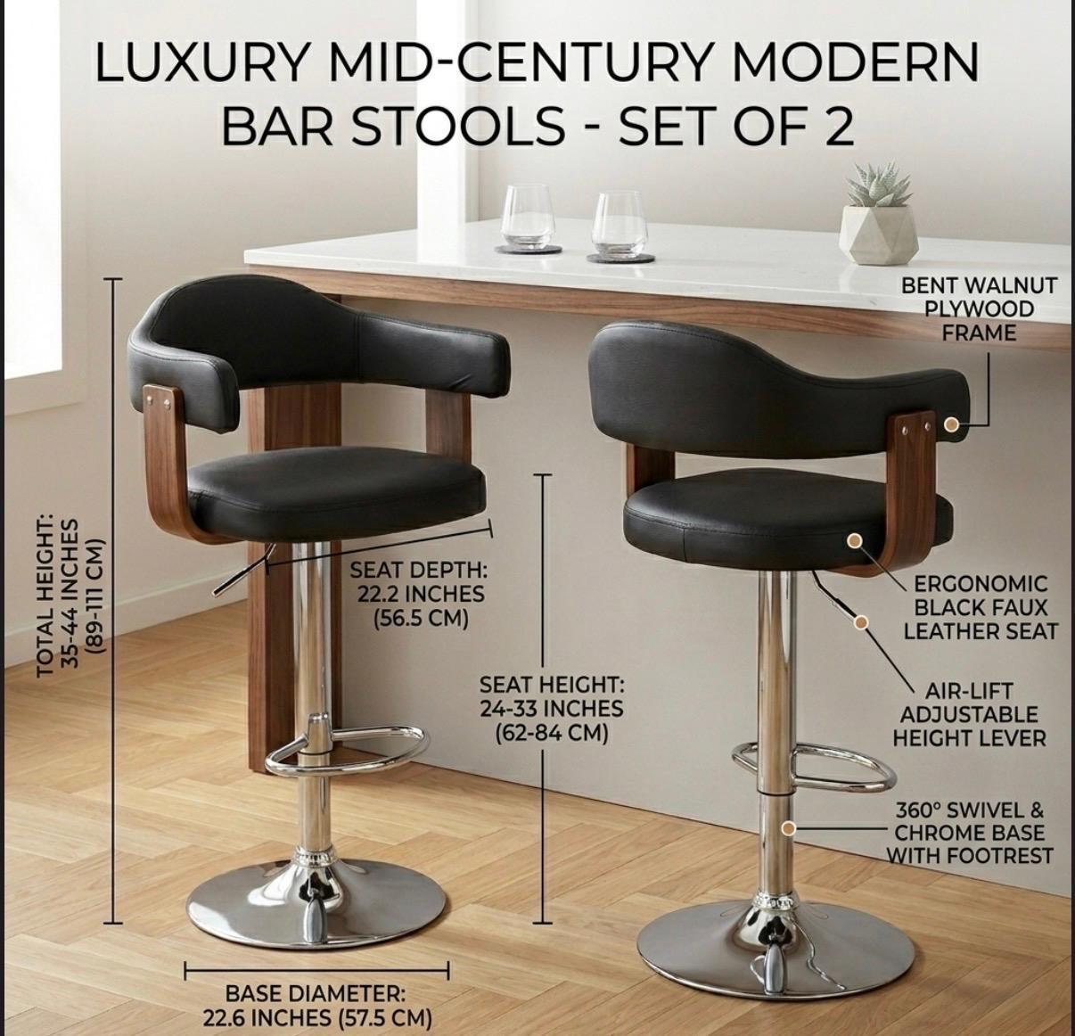 Set of 2 Brown Swivel Bar Stools | 24-33" Height | Home Bar Chair | Mid Century Style