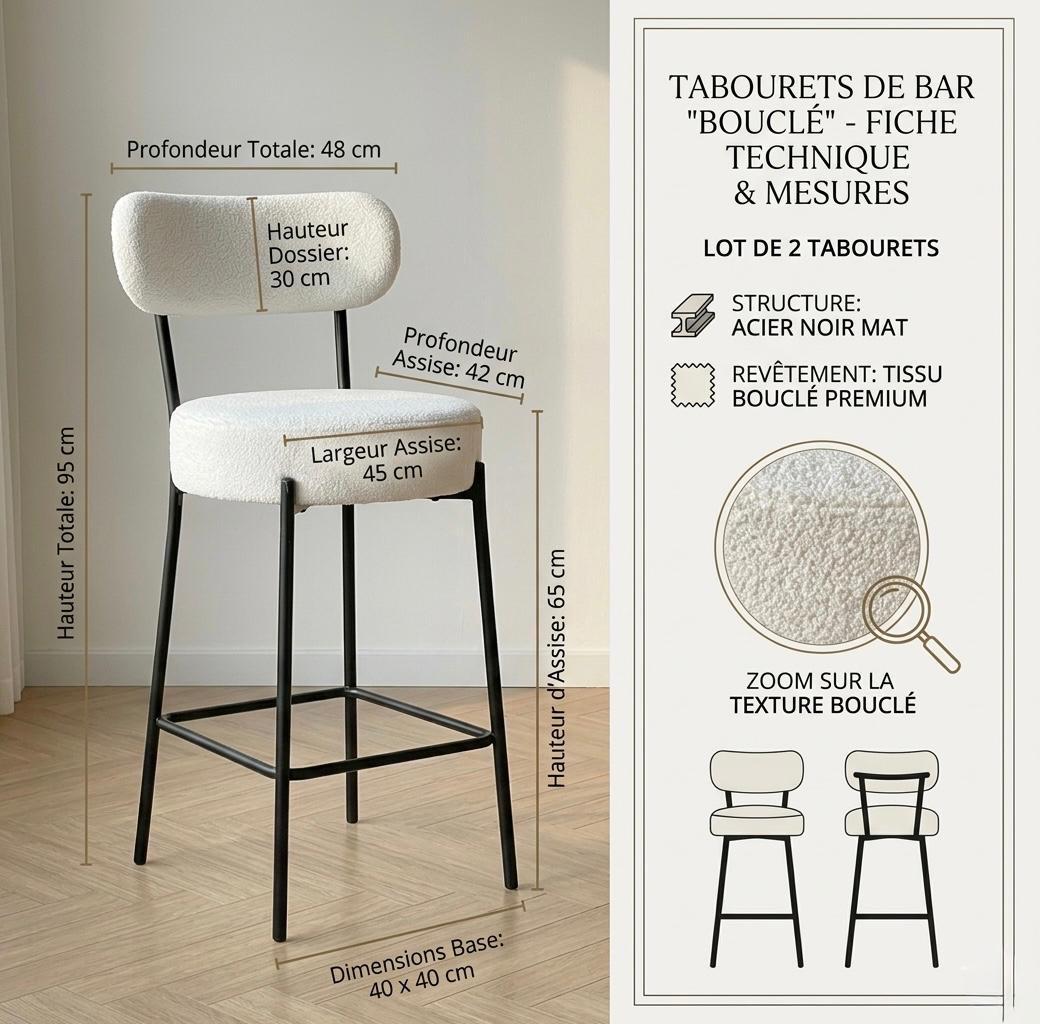 Set of 2 White Sherpa Counter Stools | 25.6" Height | Kitchen Island Counter Seat | Modern Style