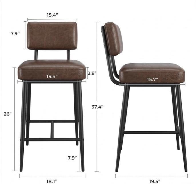 Black Bar Stool with Backrest | 26" Height | Kitchen Island Counter Seat | Industrial Style