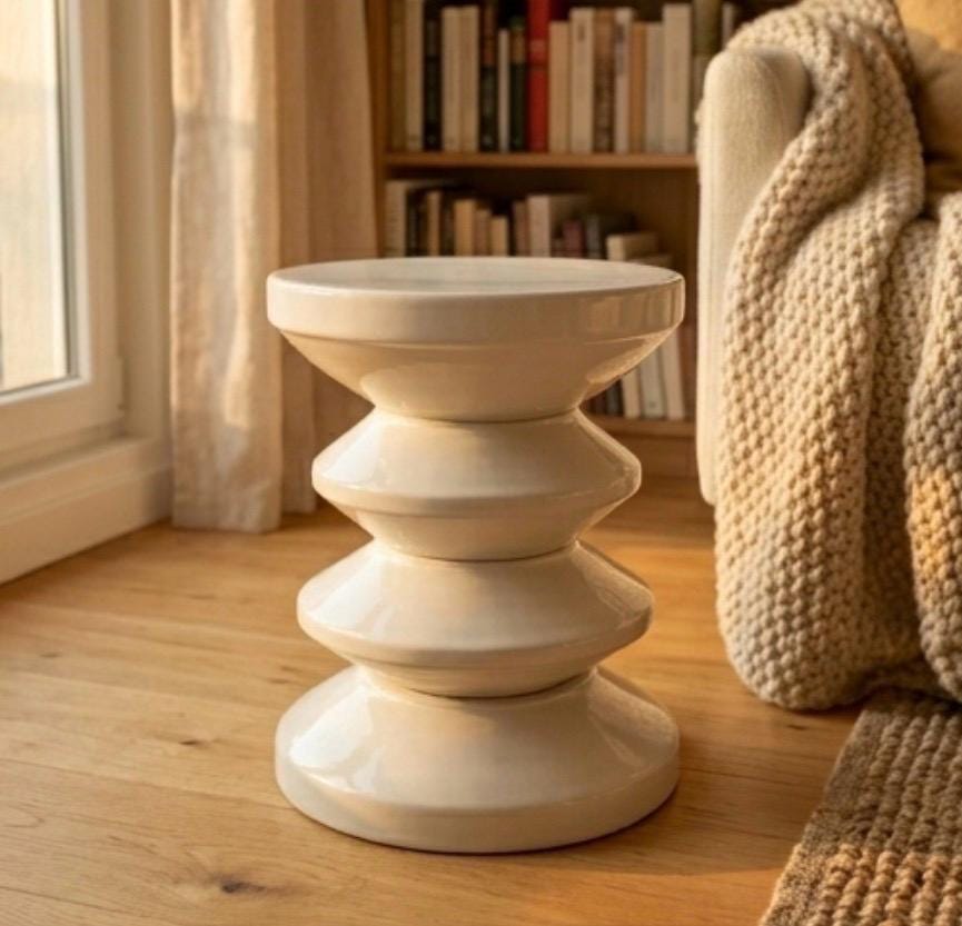 Off White Ceramic Stool | 19" Height | Living Room Accent Table | Minimalist Style