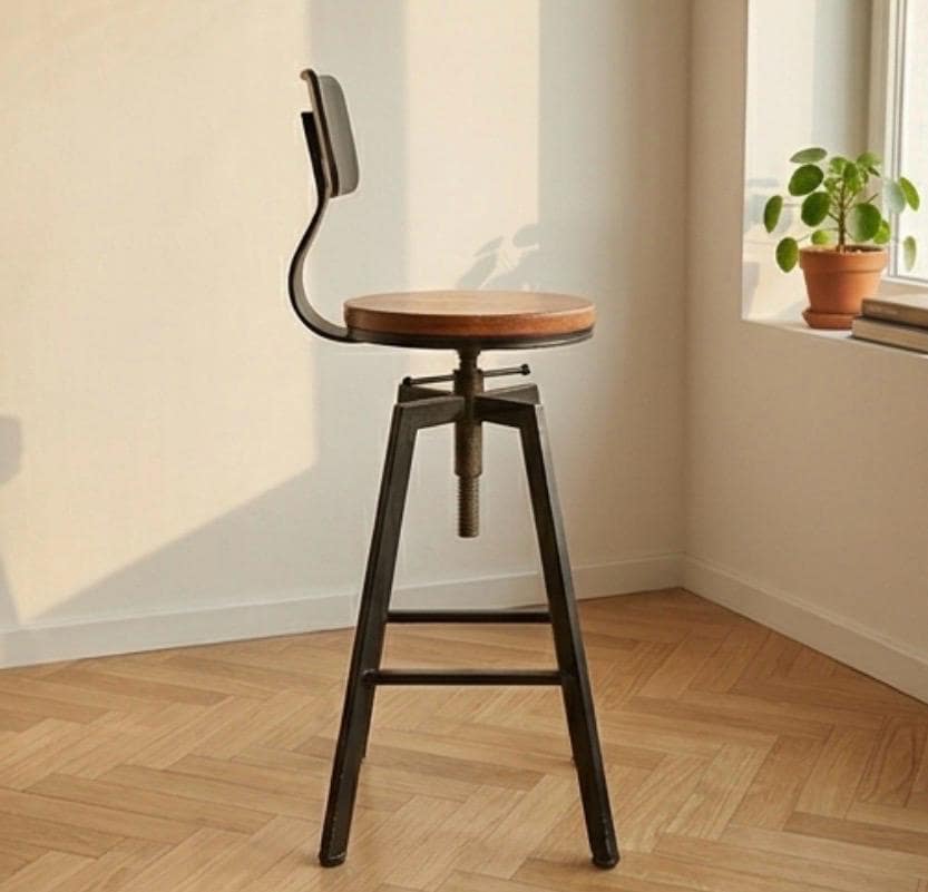 Set of 2 Rustic Wood Bar Stools | Adjustable Height 25-33" | Kitchen Island Counter Seat | Industrial Style