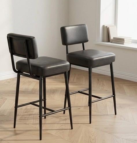 Black Bar Stool with Backrest | 26" Height | Kitchen Island Counter Seat | Industrial Style