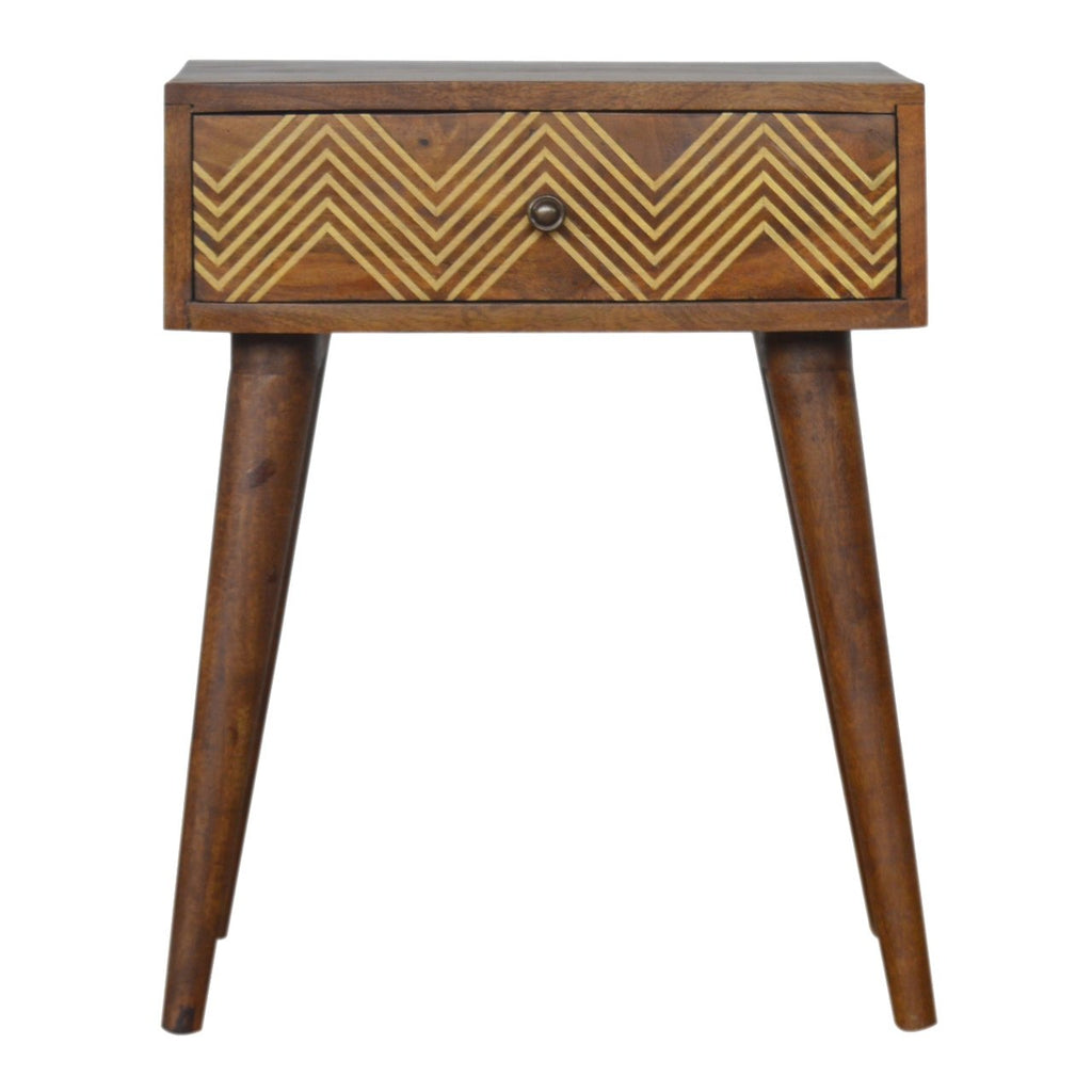 Table de chevet laiton marqueté chevron