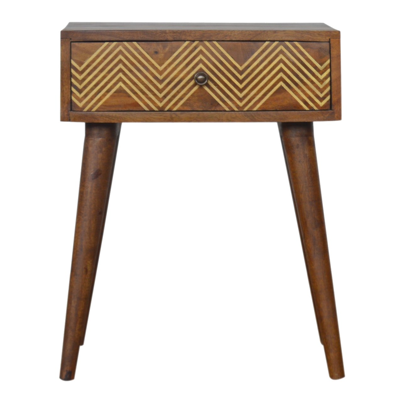 Table de chevet laiton marqueté chevron