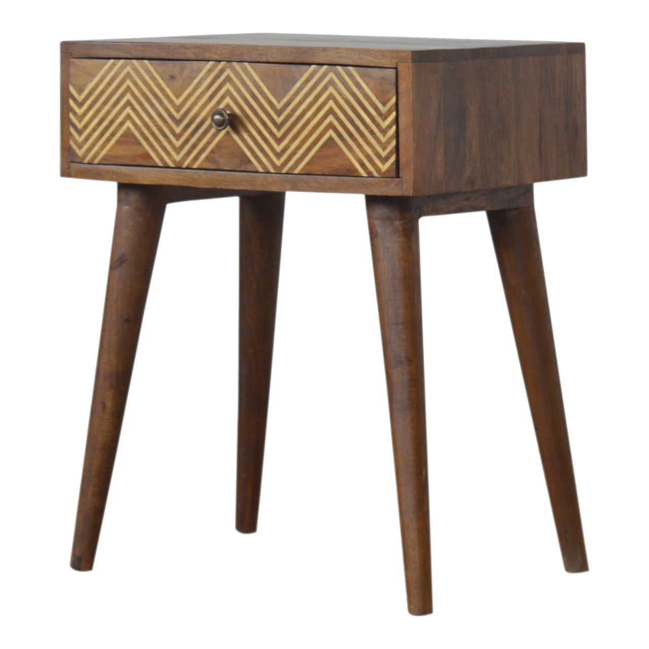 Table de chevet laiton marqueté chevron